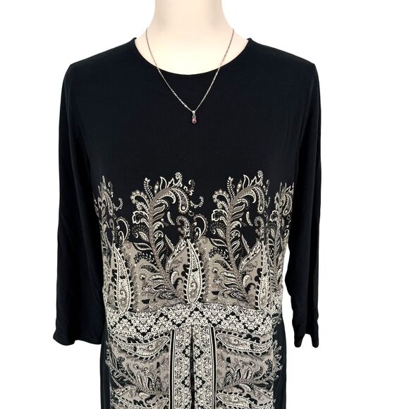 J. Jill Paisley Dress Medium TALL Wearever Black Gray Pleated 3/4 Sleeve Stretch - Picture 4 of 13